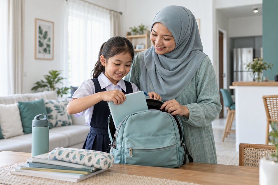 Ibu membantu anak bersiap ke sekolah