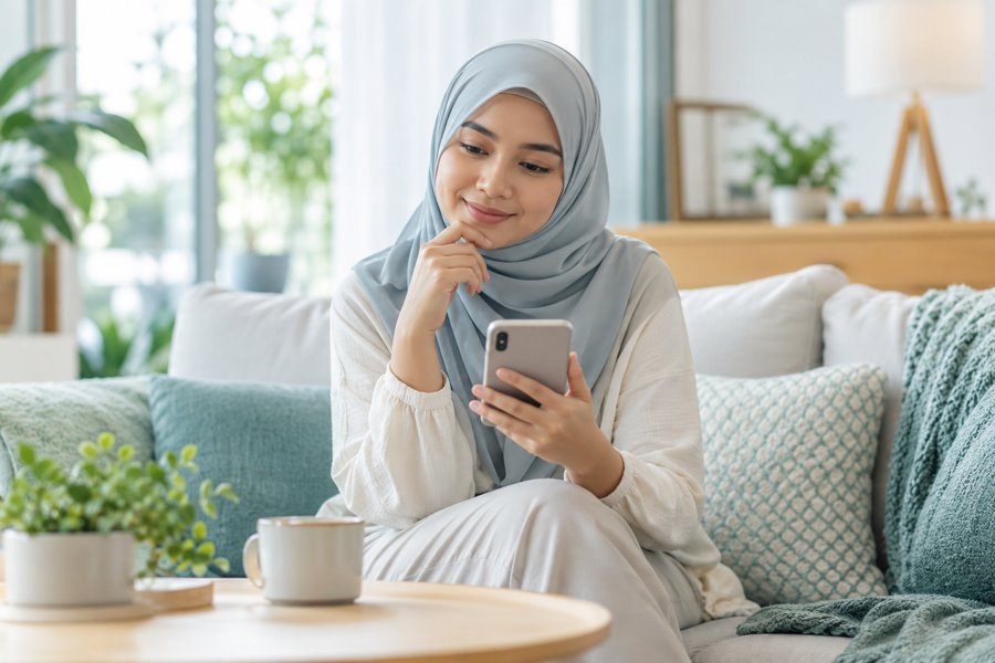 Wanita menyemak pakej kesihatan di telefon
